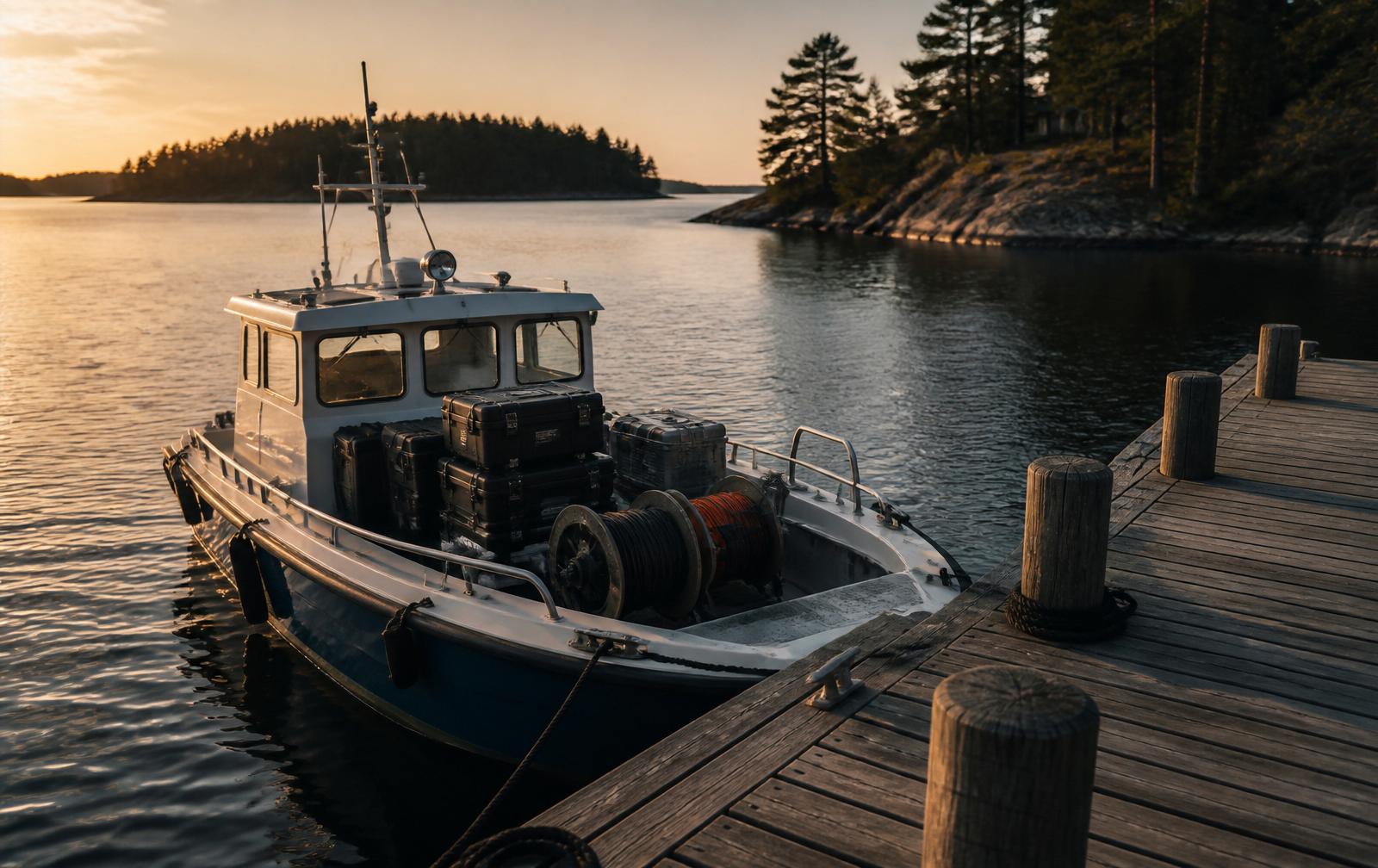 Arbetsbåt med elmaterial vid brygga i Stockholms skärgård